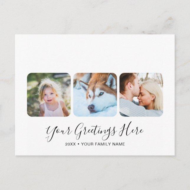 Personalisiert White Modern Greetings Cards 3 Foto Postkarte (Vorderseite)