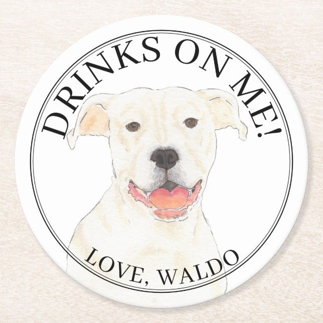 Personalisiert White Pitbull Staffy Dog Wedding Runder Pappuntersetzer (Vorderseite)