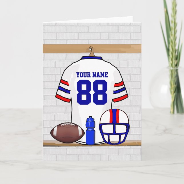 Personalisiert White Red Blue Football Jersey Karte (Vorderseite)