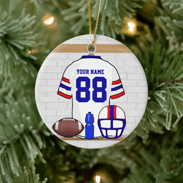 Personalisiert White Red Blue Football Jersey Keramik Ornament (Baum)