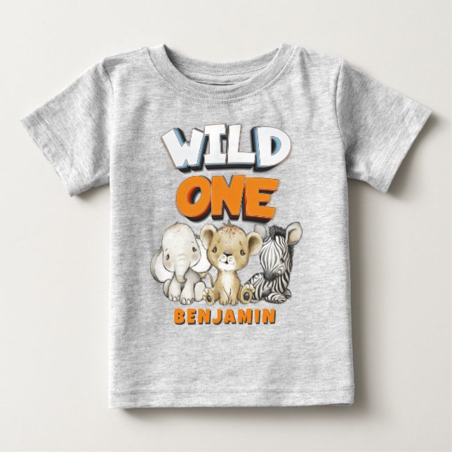 Personalisiert Wild One Comic Safari Erster Geburt Baby T-shirt (Vorderseite)
