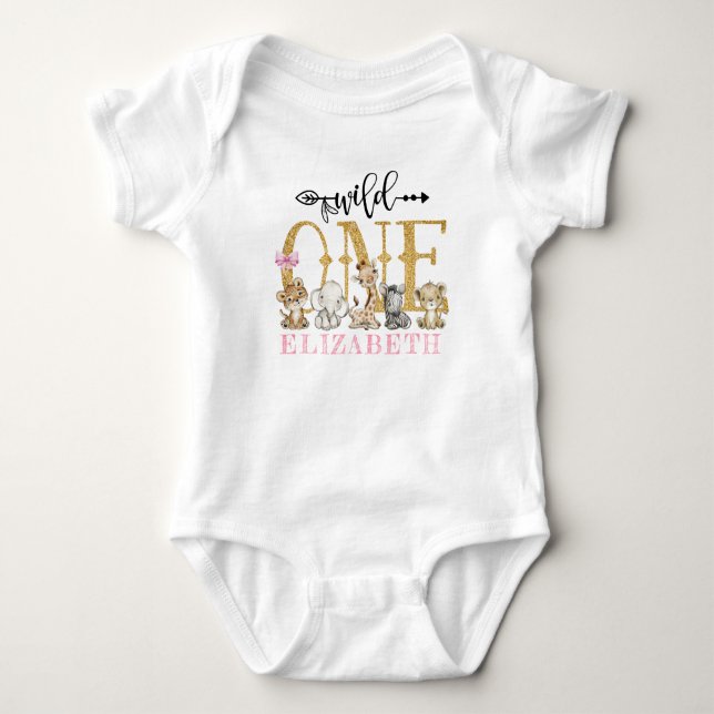 Personalisiert WILD ONE Pink Safari Erster Geburts Baby Strampler (Vorderseite)