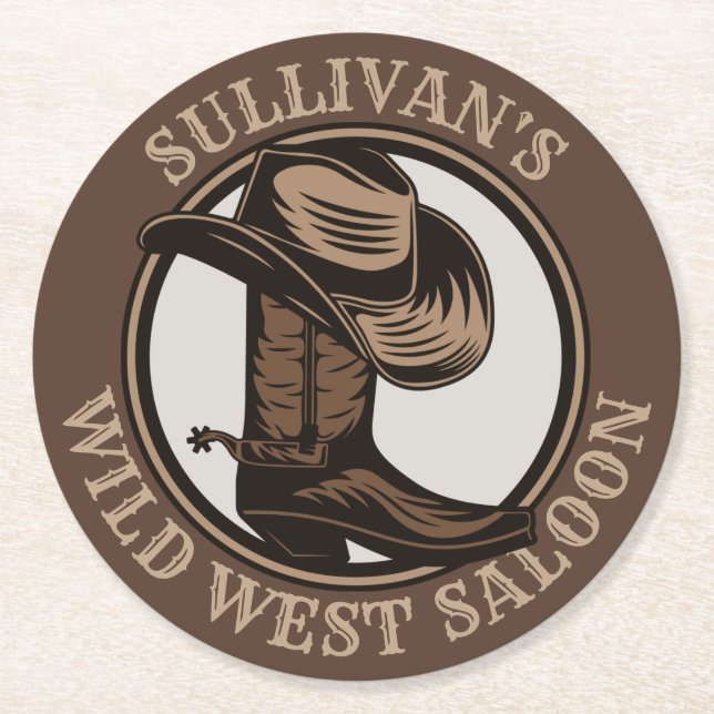 Personalisiert Wild West Saloon Western Cowboy Boo Runder Pappuntersetzer (Vorderseite)