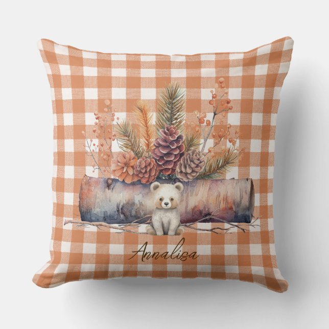 Personalisiert Woodland Bear Gingham Fall Kissen (Vorderseite)