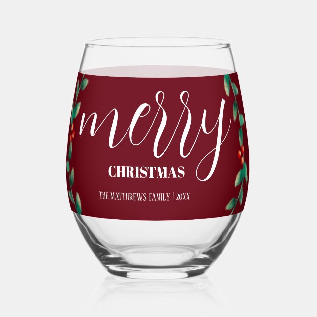 Personalisiert Wreath Burgundy Frohe Weihnachtsbez Weinglas Ohne Stiel (Vorderseite)