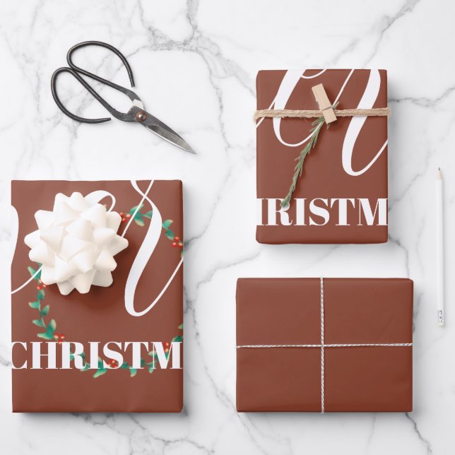 Personalisiert Wreath Frohe Weihnachten Geschenkpapier Set (Vorderseite)
