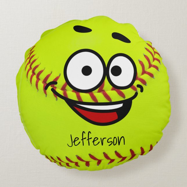 Personalisiert Yellow Softball lustiges Gesicht Rundes Kissen (Rückseite)