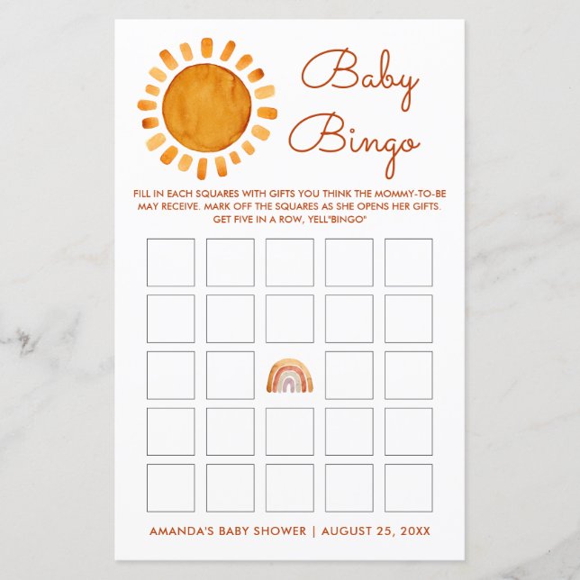 Personalisiert Yellow Sunshine Baby Bingo (Vorderseite)