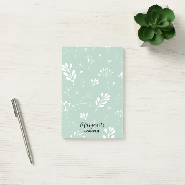 Personalisiert Zuhause Office Soft Green Floral Post-it Klebezettel (Büro)