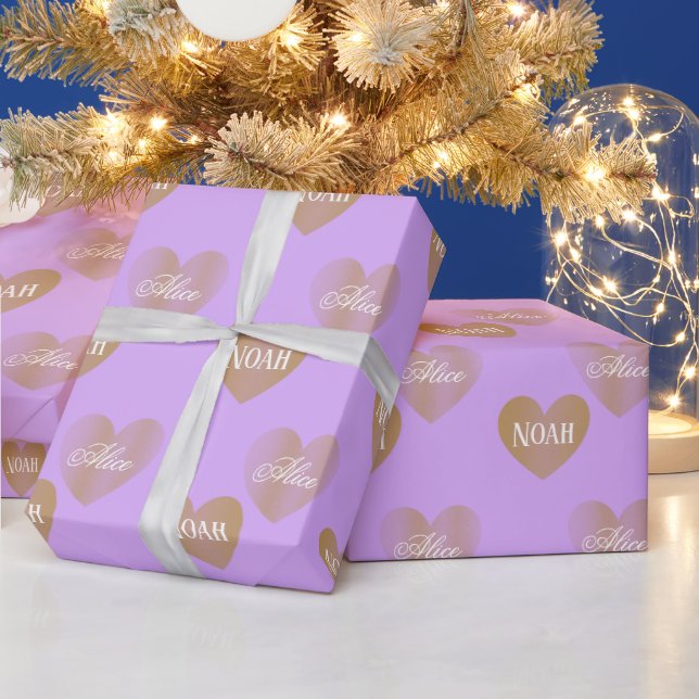 Personalisiert, zweimal goldenes Herz, Mauve Geschenkpapier (Feiertage)