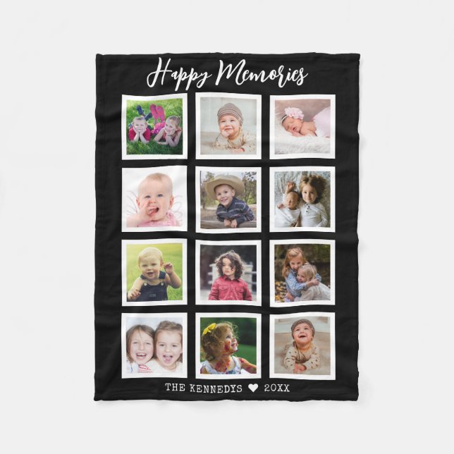Personalisierte 12-Familien-Foto-Collage Schwarz Fleecedecke (Vorderseite)