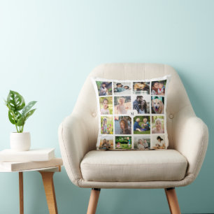 Personalisierte 16-Foto-Collage Monogramm weiß Kissen