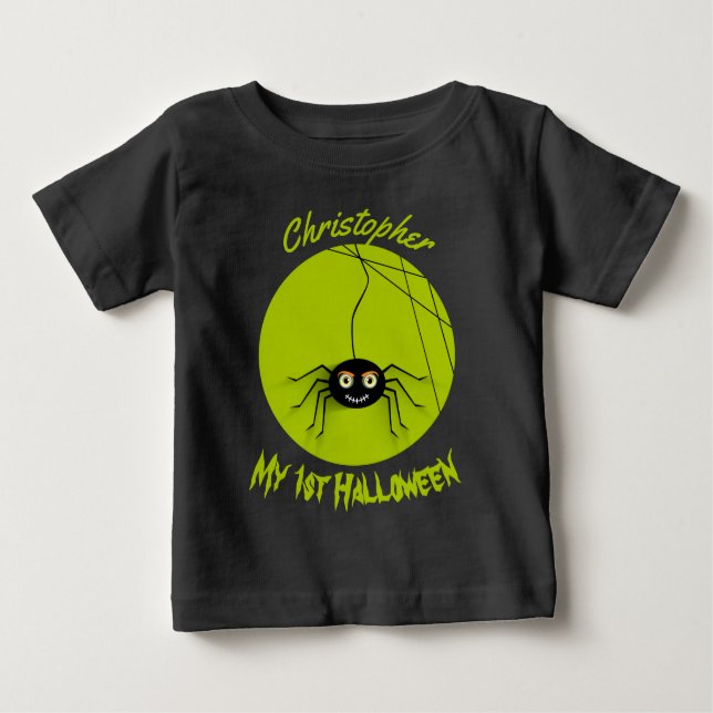 Personalisierte 1. Halloween Spooky Spider Baby T-shirt (Vorderseite)