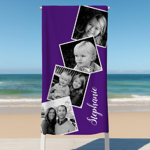 Personalisierte 4-Foto-Collage-Filmstreifen Lila Strandtuch