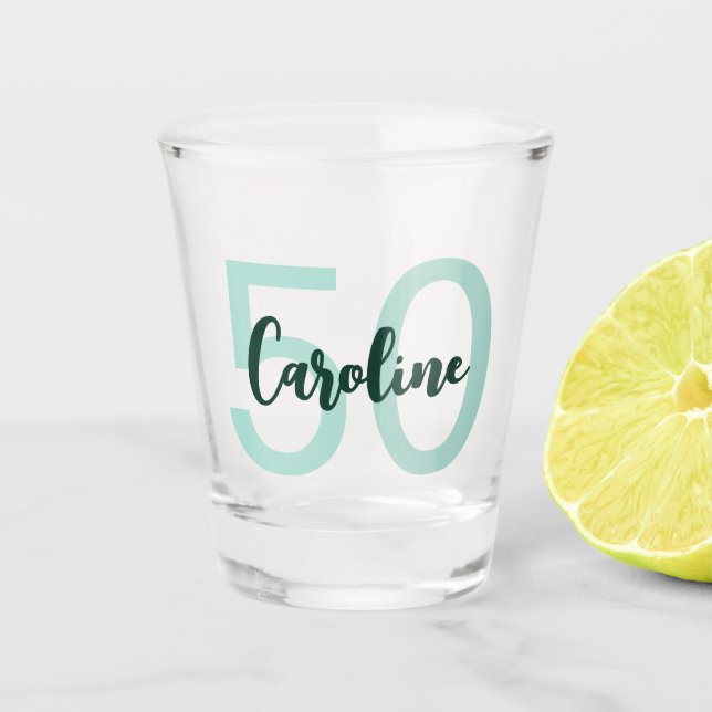 Personalisierte 50. Geburtstag Moderne Aquamarine  Schnapsglas (Vorderseite)