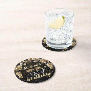 Personalisierte 50. Geburtstags-Black Gold Runde Runder Pappuntersetzer