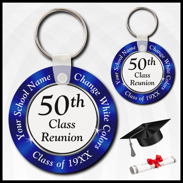 Personalisierte 50. Klasse Wiedersehen Souvenirs,  Schlüsselanhänger (Blue, White and Black, 50th Class Reunion Favors. 50th High School Reunion. Class of 1974 ideas.)