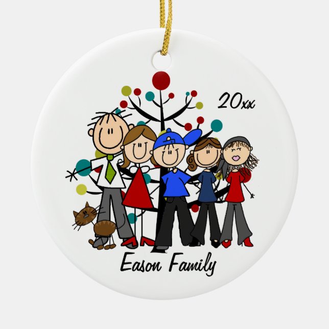 Personalisierte 5-er-Familie mit braunen Katzename Keramik Ornament (Vorne)