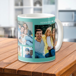 Personalisierte 5-Foto-Collage Familienname Türkis Kaffeetasse
