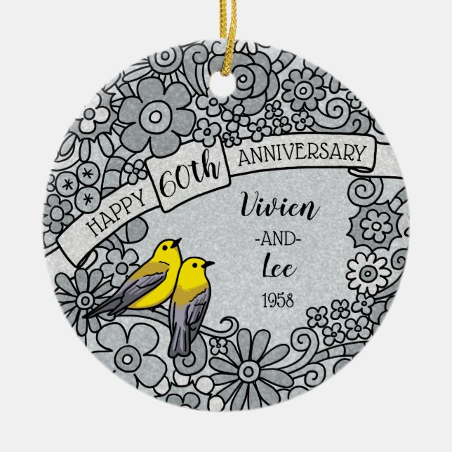 Personalisierte 60-jährige Diamond-Floral-Vögel Keramik Ornament (Vorne)
