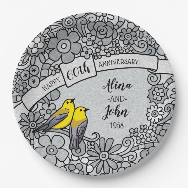 Personalisierte 60-jährige Diamond-Floral-Vögel Pappteller (Vorderseite)