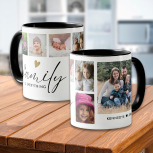 Personalisierte 6er-Familien-Fotocollage Schwarz u Tasse