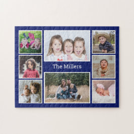 Personalisierte 8-Foto-Collage Familienname Blau