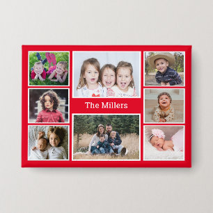 Personalisierte 8-Foto-Collage Familienname Rot Button