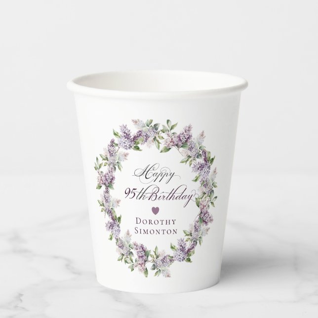 Personalisierte 95. Geburtstag Lila Lilac-Blume Pappbecher (Vorderseite)