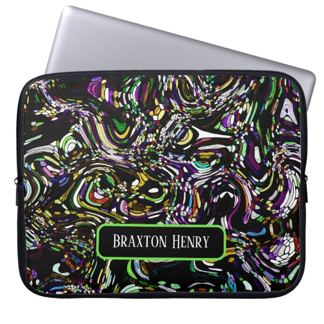 Personalisierte Abstrakte Art Schwarz Swirl Grün Laptopschutzhülle (Vorderseite)
