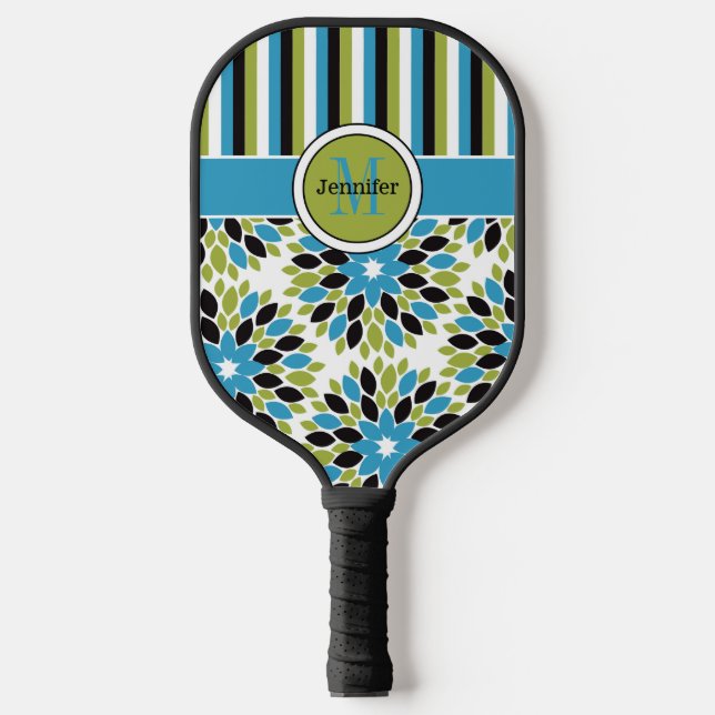 Personalisierte Abstrakte Blüte, Streifen, Mit Mon Pickleball Schläger (Vorderseite)