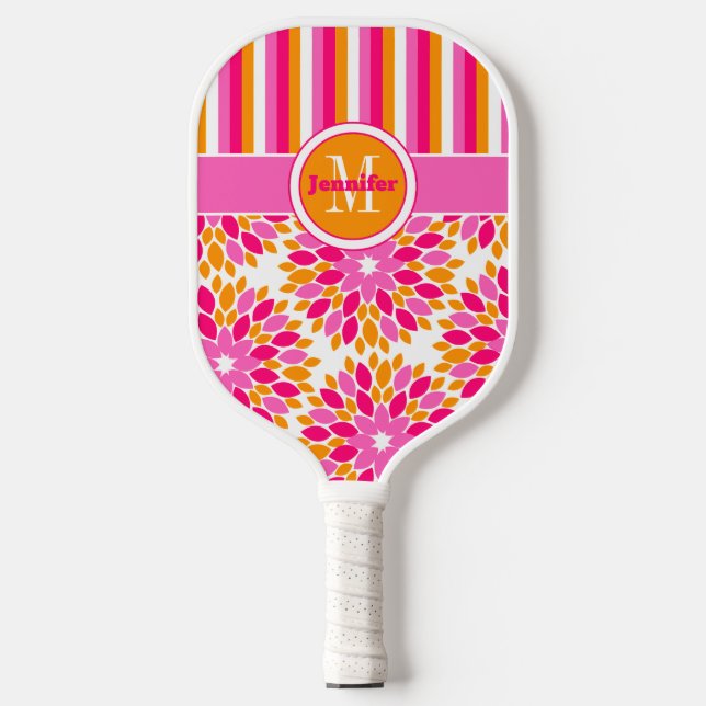 Personalisierte Abstrakte Blüte, Streifen, Mit Mon Pickleball Schläger (Vorderseite)
