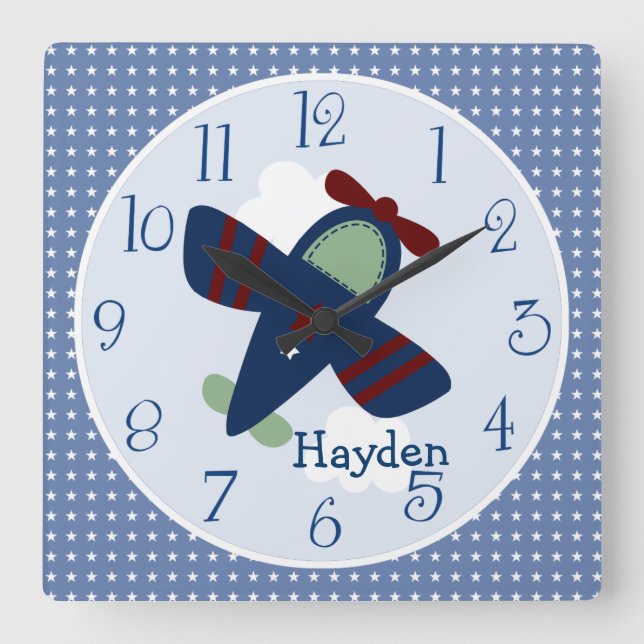 Personalisierte Adable-Flugzeuge Kinderzimmer-Uhr Quadratische Wanduhr (Vorderseite)