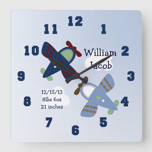 Personalisierte Adable-Flugzeuge Kinderzimmer-Uhr Quadratische Wanduhr (Vorderseite)