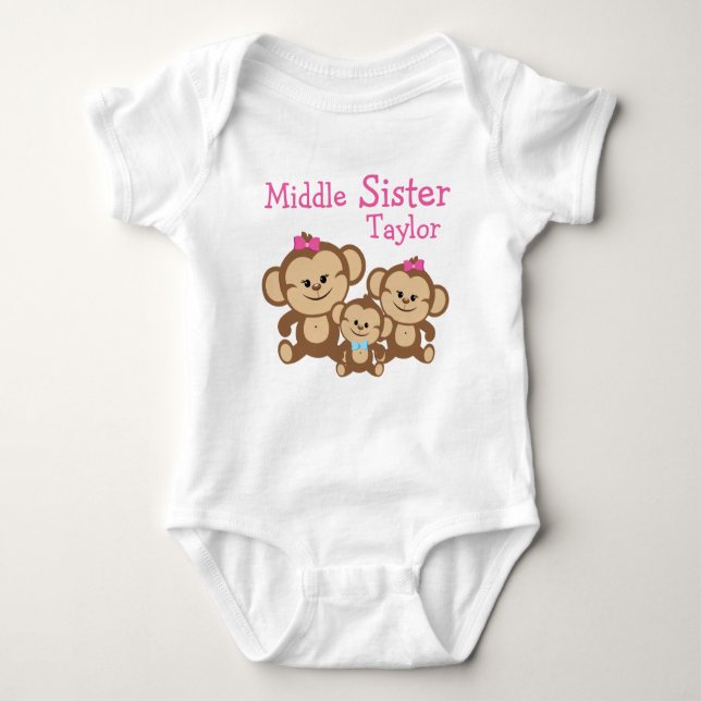 Personalisierte Affen Mittlere Schwester Baby Strampler (Vorderseite)