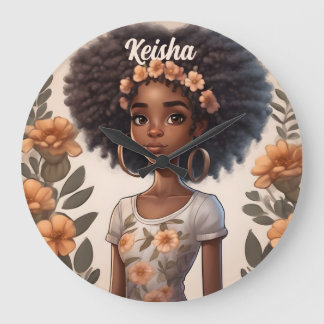 Personalisierte afrikanische Girl Clock Große Wanduhr