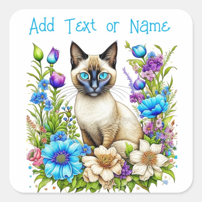 Personalisierte Ai Watercolor Siamese Katze in Blu Quadratischer Aufkleber (Vorderseite)