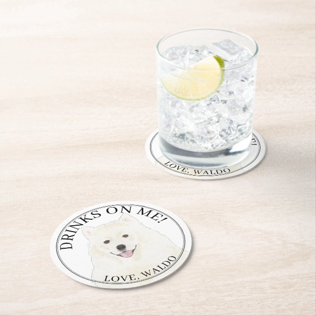 Personalisierte American Eskimo Samoyed Dog Weddin Runder Pappuntersetzer (Vor Ort)