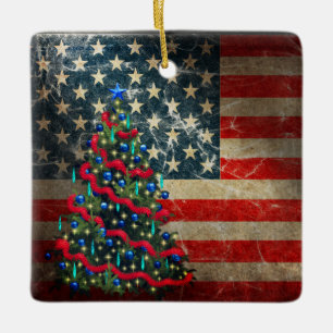 Personalisierte amerikanische Flagge und Weihnacht Keramikornament