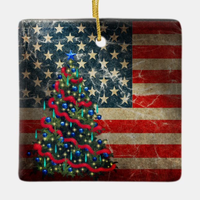 Personalisierte amerikanische Flagge und Weihnacht Keramikornament (Vorderseite)