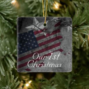 Personalisierte amerikanische Flagge Unser 1. Weih Keramikornament