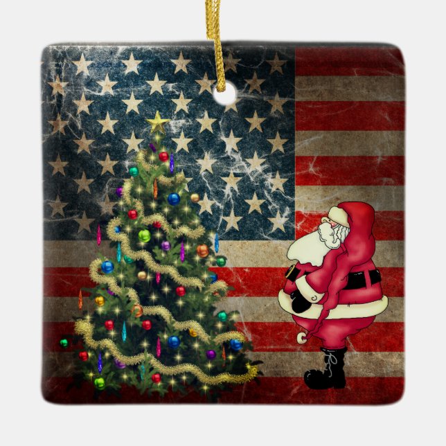 Personalisierte amerikanische Flagge, Weihnachtsba Keramikornament (Vorderseite)