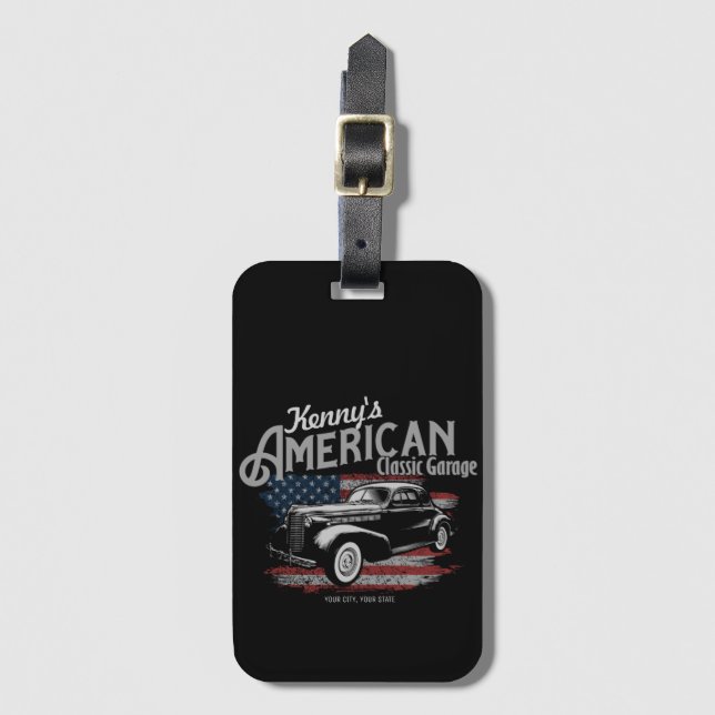 Personalisierte Amerikanische Vintage Autogarage Gepäckanhänger (Vorderseite Vertikal)