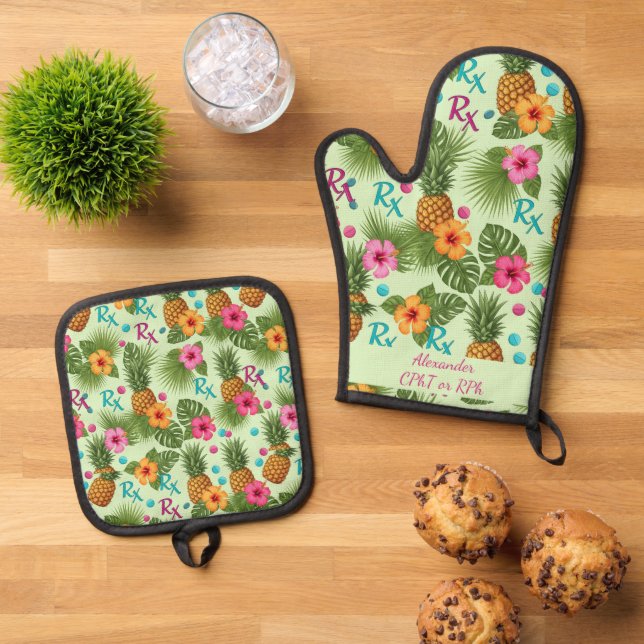 Personalisierte Ananas und Hibiskus Pharmacy Ofenhandschuh & Topflappen-Set (Oben Unten)