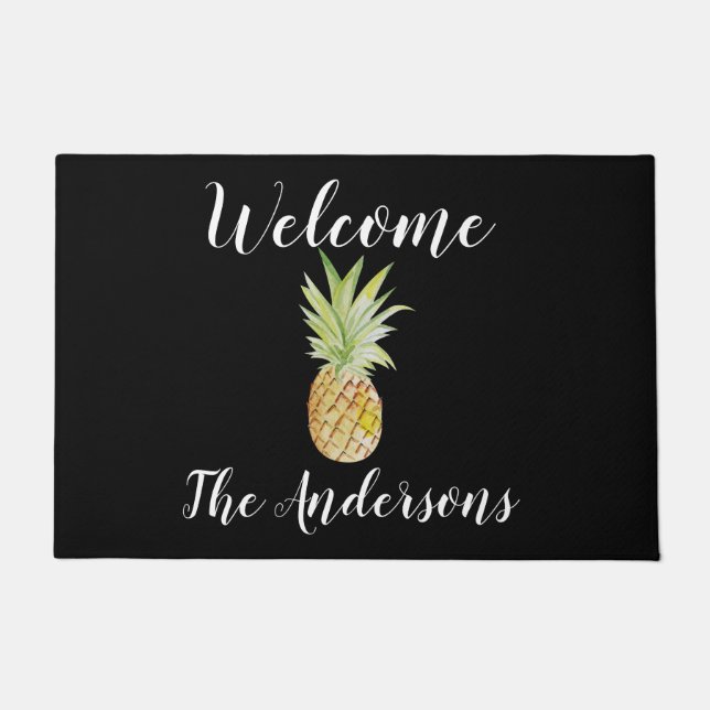 Personalisierte Ananas Wasserfarbe Blau Begrüßungs Fußmatte (Vorderseite)