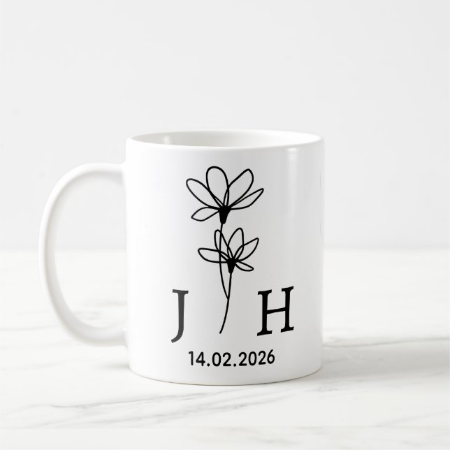 Personalisierte Anfangsbuchstaben, Datum Florales  Kaffeetasse (Links)