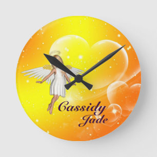 Personalisierte Angel Wall Clock - gelbe Herzen Runde Wanduhr