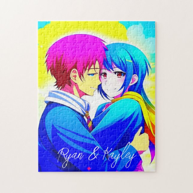 Personalisierte Anime Couple umarmt Rosa und Blau (Vertikal)