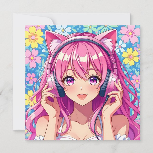 Personalisierte Anime Girl mit Kopfhörern Geburtst Karte (Vorderseite)