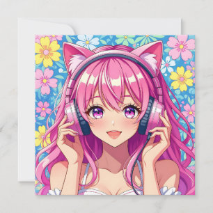 Personalisierte Anime Girl mit Kopfhörern Geburtst Karte